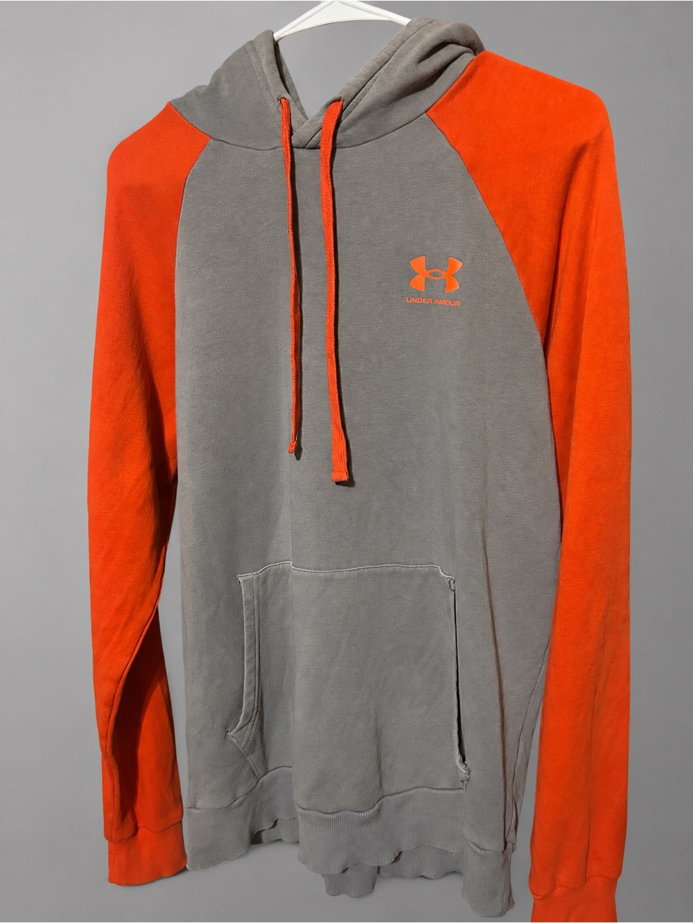 Under Armour Men’s Gray Hooded Sweatshirt with Orange Sleeves